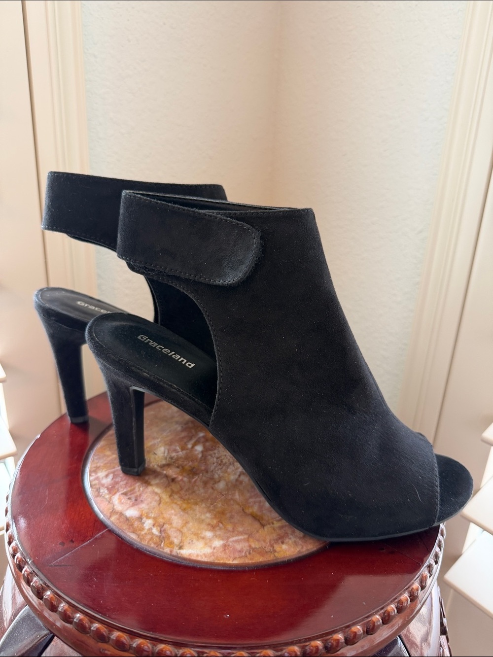 Graceland Faux Suede Peep Toe Bootie Sandals 8 Adjustable Strap High Heel Black